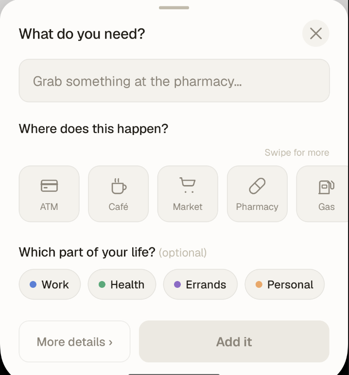 Brush — add a task: name it, pick a place, choose a category