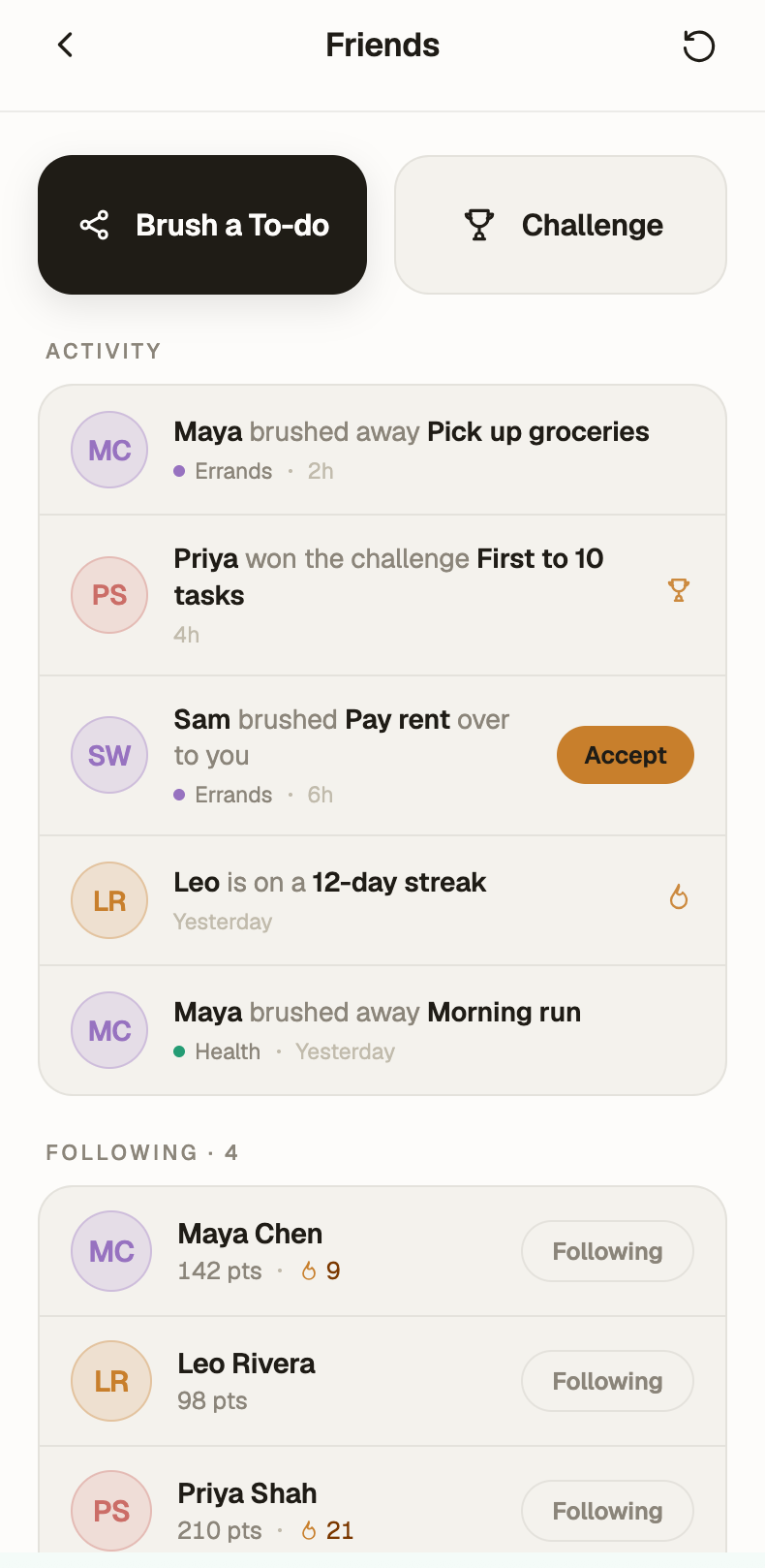 Brush — friends activity feed